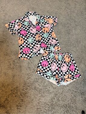 Checkerboard Smile Short Pajama Set - Pink, Peach & Mint